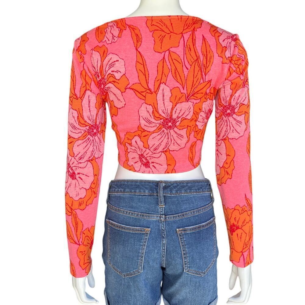 Zara Pink Orange Floral Jacquard Long Sleeve Crop Top Square Neck Size Large - Picture 4 of 7